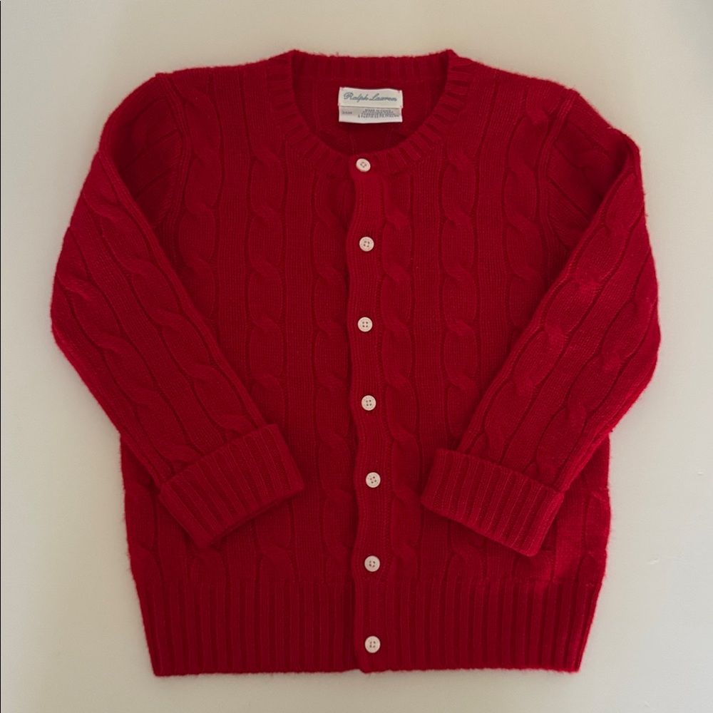 Ralph Lauren - Red Cashmere Cable Knit Baby Cardigan, Size 24M